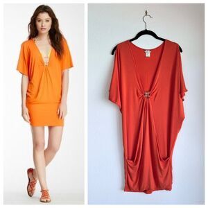 Trina Turk Swim Y2K Plunge Cover Up with Jewelled Medallion in Orange Size M